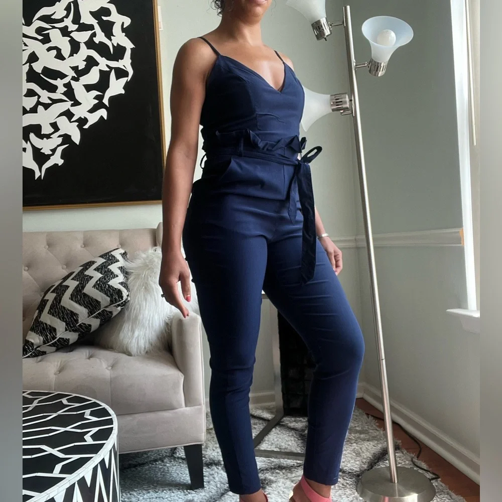 Windsor Navy Blue Spaghetti Strap Back Zip Sleeveless Jogger Style Jumpsuit